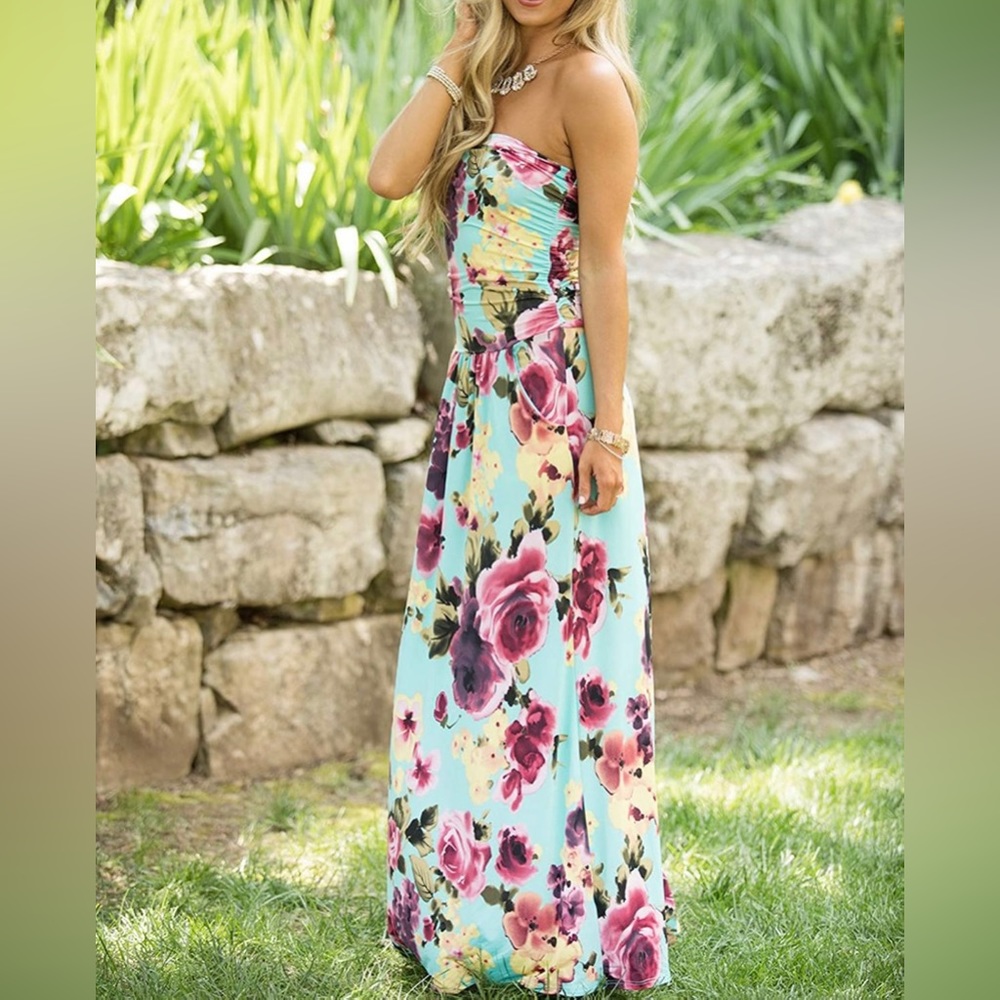 💙 EUC Floral Summer Casual Ruched Bohemian Long Maxi Dresses with Pockets